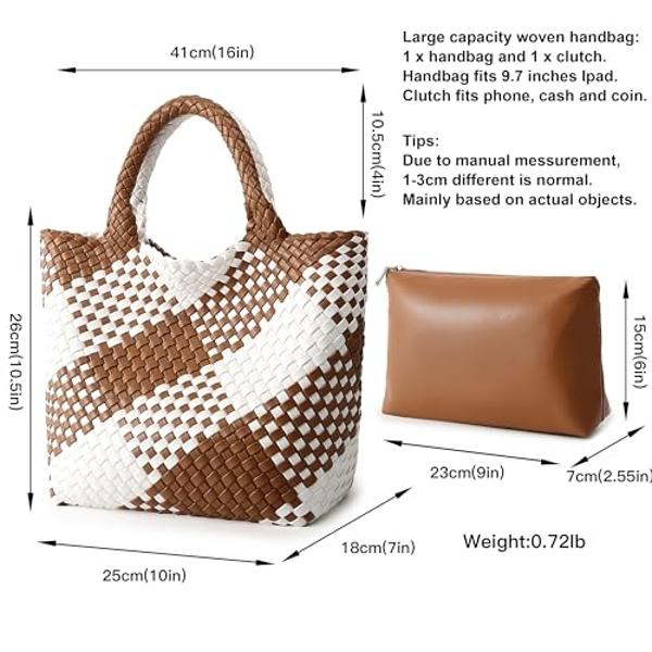 Woven Bag for Women, Vegan Leather Tote Bag Large Summer Beach Travel Handbag and Purse Retro Handmade Shoulder Bag (Brown and white contrasting)