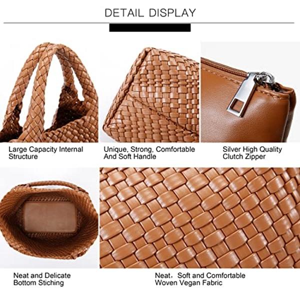 Woven Bag for Women, Vegan Leather Tote Bag Large Summer Beach Travel Handbag and Purse Retro Handmade Shoulder Bag (Brown)