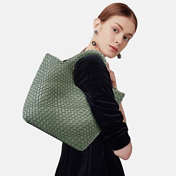 Woven Bag for Women, Vegan Leather Tote Bag Large Summer Beach Travel Handbag and Purse Retro Handmade Shoulder Bag (Bean Green)