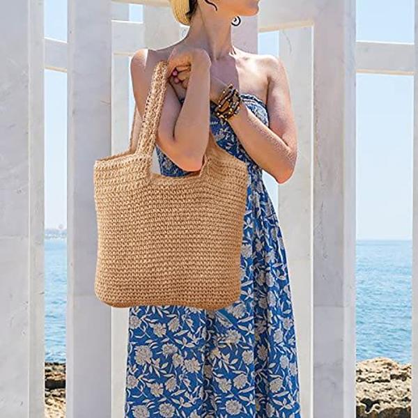 Beach Bags for Women - Summer Soft Large Woven Shoulder Purse Handbag, Beach Tote Straw Bag for Summer Vacation, Brown