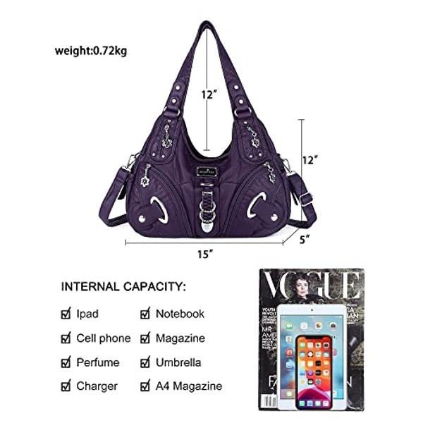 Angelkiss Women Multiple Pockets Purses and Handbags Washed Leather, Two Top Zippers Closure, Purple