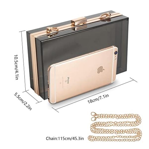 WJCD Women Clear Purse Acrylic Box Clutch Handbag, Small Transparent Crossbody Evening Bag Stadium Approved Gold Chain Strap (Clear black)