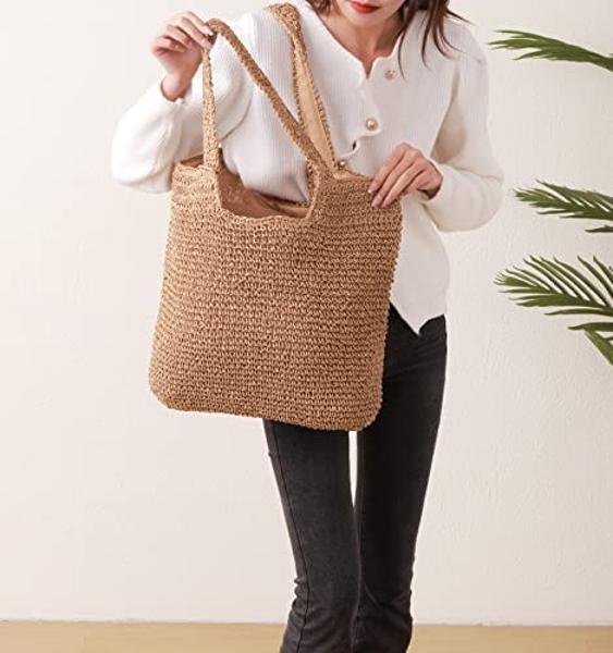 Beach Bags for Women - Summer Soft Large Woven Shoulder Purse Handbag, Beach Tote Straw Bag for Summer Vacation, Brown