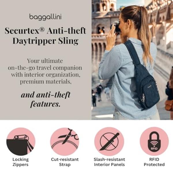Baggallini Anti-Theft Daytripper Sling 7x12 Crossbody Bag Travel Safe, Securtex Locking Zippers, Slash-Resistant Strap