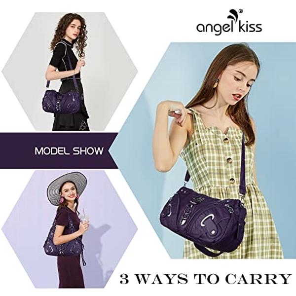 Angelkiss Women Multiple Pockets Purses and Handbags Washed Leather, Two Top Zippers Closure, Purple
