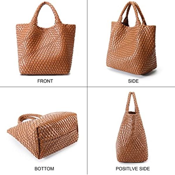 Woven Bag for Women, Vegan Leather Tote Bag Large Summer Beach Travel Handbag and Purse Retro Handmade Shoulder Bag (Brown)
