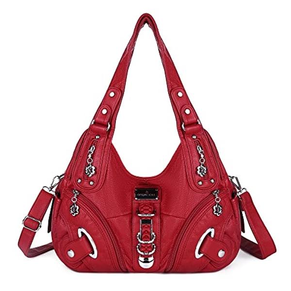 Angelkiss Women Multiple Pockets Purses and Handbags Washed Leather, Two Top Zippers Closure, Red