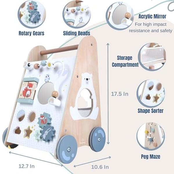 Wooden Baby Walker with Activity Center - Both Standing and Push Options - For Infants 10 to 12 months and Toddlers 1 Year Old and Up - Learn to Walk Toys for Boys and Girls - Babi