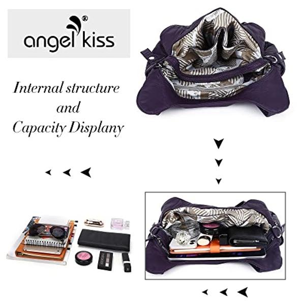 Angelkiss Women Multiple Pockets Purses and Handbags Washed Leather, Two Top Zippers Closure, Purple