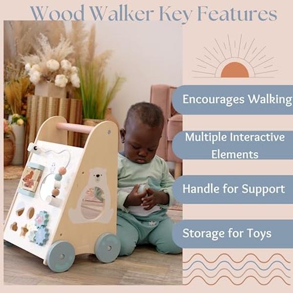 Wooden Baby Walker with Activity Center - Both Standing and Push Options - For Infants 10 to 12 months and Toddlers 1 Year Old and Up - Learn to Walk Toys for Boys and Girls - Babi
