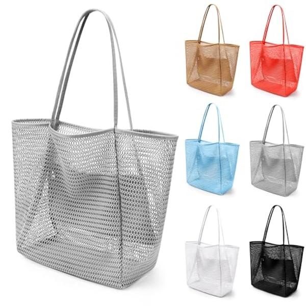 VOROLO Mesh Tote Beach Bag,Women Fairycore Hobo Bag,Shoulder Bag,Soft Summer Casual Crochet Bags(Gray)