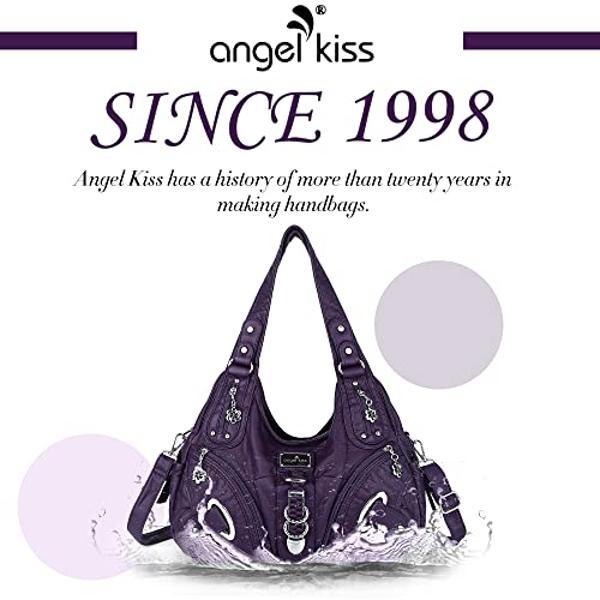 Angelkiss Women Multiple Pockets Purses and Handbags Washed Leather, Two Top Zippers Closure, Purple