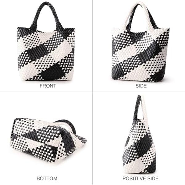 Woven Bag for Women, Vegan Leather Tote Bag Large Summer Beach Travel Handbag and Purse Retro Handmade Shoulder Bag (Black and white contrasting)