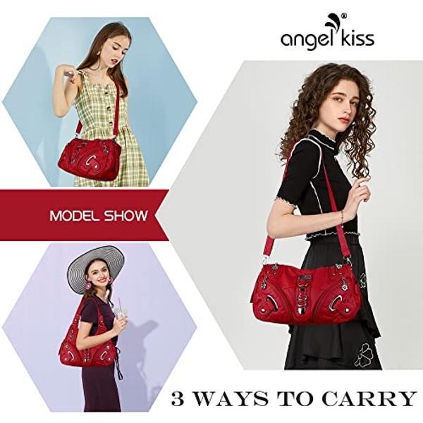 Angelkiss Women Multiple Pockets Purses and Handbags Washed Leather, Two Top Zippers Closure, Red