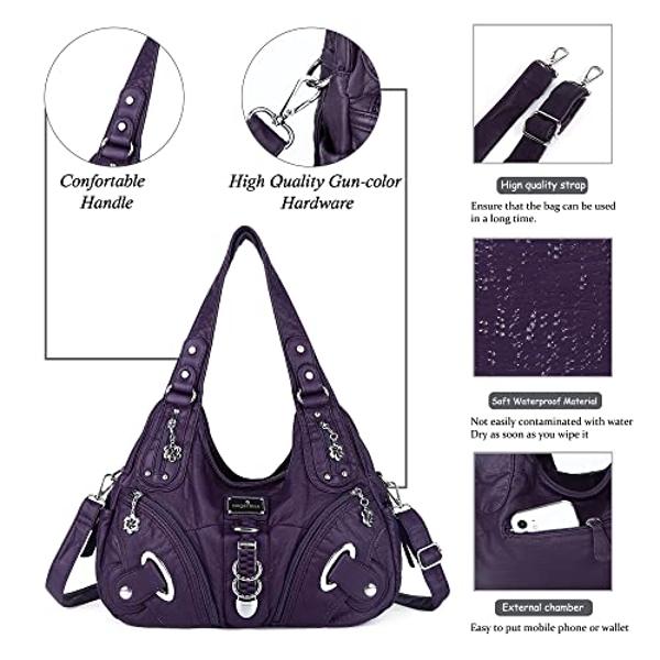 Angelkiss Women Multiple Pockets Purses and Handbags Washed Leather, Two Top Zippers Closure, Purple