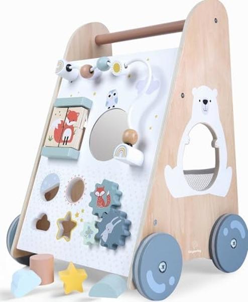 Wooden Baby Walker with Activity Center - Both Standing and Push Options - For Infants 10 to 12 months and Toddlers 1 Year Old and Up - Learn to Walk Toys for Boys and Girls - Babi