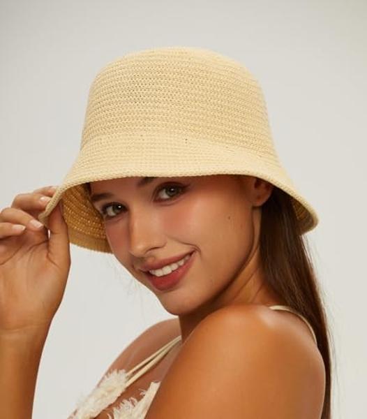 MEINICIY Womens Bucket Hat, Beach Sun Hat for Women, Sun Protection Bamboo Mesh Woven Foldable Packable, Beige