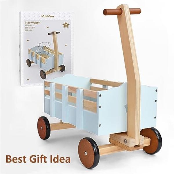 PairPear Kids Wagon Toy,Wooden Toys Cargo Walker Cart Wagon Stroller,Toddler Push and Pull Baby Walker Gift for Babies Boys and Girls