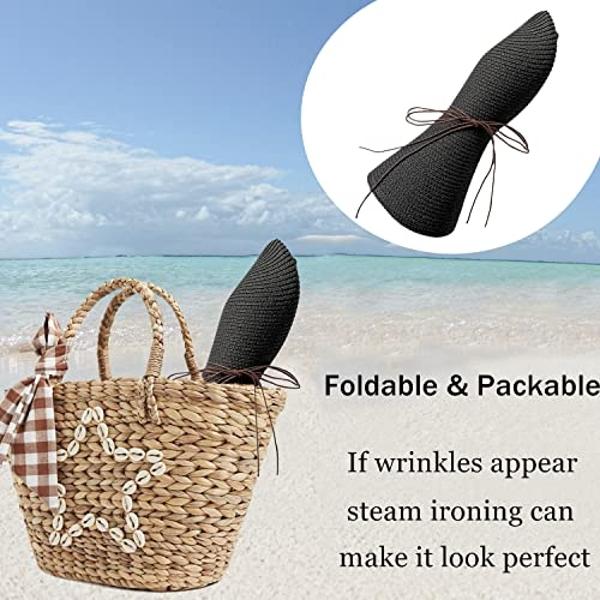 Floppy Big Beach Straw Hats for Women Foldable Summer Wide Brim Packable Oversized Sun Hat Womens Travel Straw Fedora Hat, Black-1