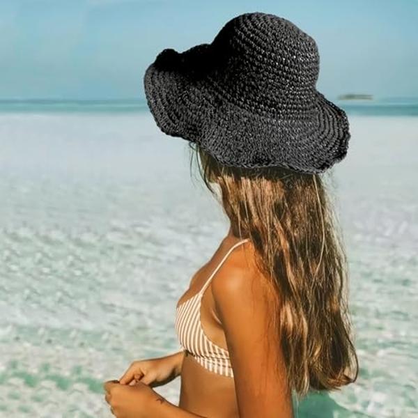 Womens Sun Hats Wide Brim Summer Beach Hat for Women Foldable Travel Fedora Handmade Crochet Straw Hat Packable UPF50+, Black