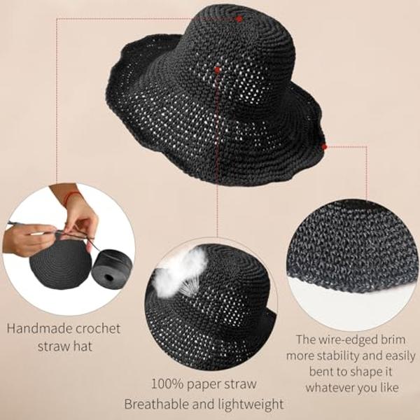 Womens Sun Hats Wide Brim Summer Beach Hat for Women Foldable Travel Fedora Handmade Crochet Straw Hat Packable UPF50+, Black