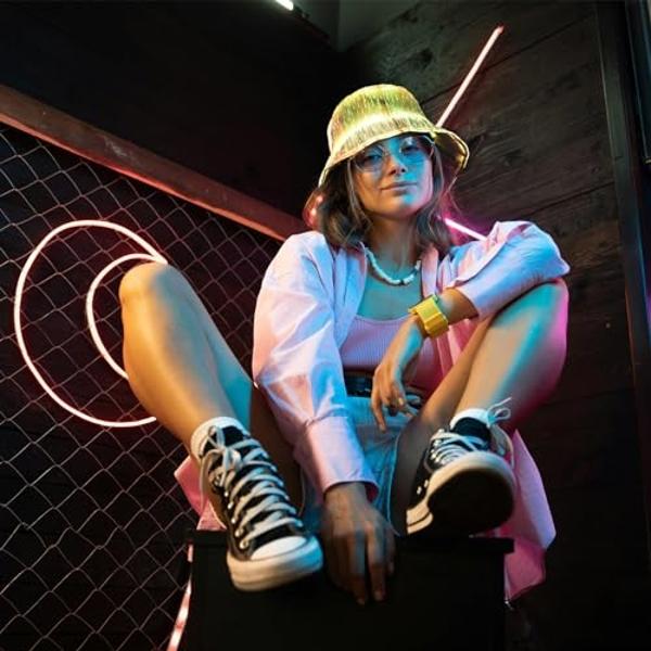 lumisonata LED Rave Bucket Hat, Light up Crazy Hat 7 Colors Party Hat, Fiber Optic Fabric Glow in the Dark Hat for Men and Women USB Rechargeable Festival Gear