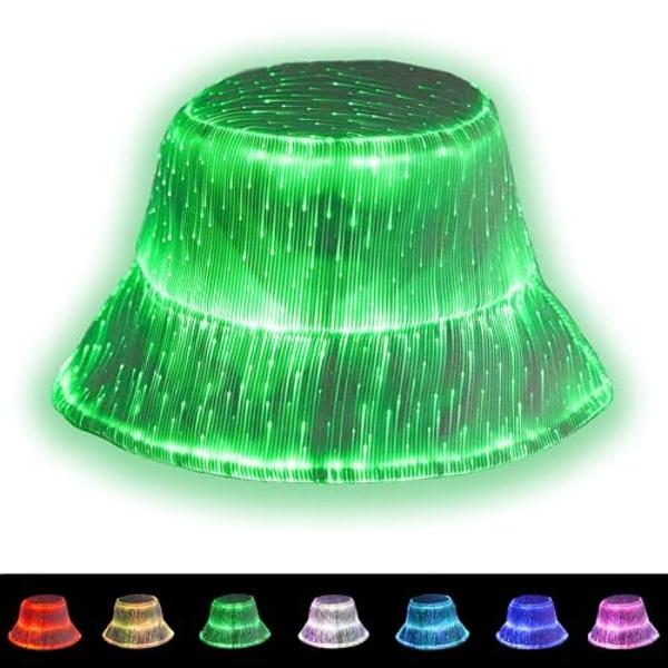 lumisonata LED Rave Bucket Hat, Light up Crazy Hat 7 Colors Party Hat, Fiber Optic Fabric Glow in the Dark Hat for Men and Women USB Rechargeable Festival Gear