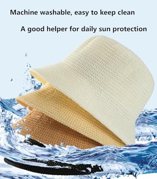 MEINICIY Womens Bucket Hat, Beach Sun Hat for Women, Sun Protection Bamboo Mesh Woven Foldable Packable, Beige
