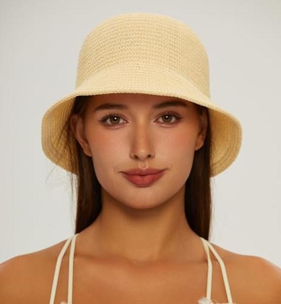 MEINICIY Womens Bucket Hat, Beach Sun Hat for Women, Sun Protection Bamboo Mesh Woven Foldable Packable, Beige