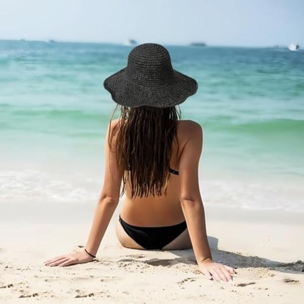 Womens Sun Hats Wide Brim Summer Beach Hat for Women Foldable Travel Fedora Handmade Crochet Straw Hat Packable UPF50+, Black