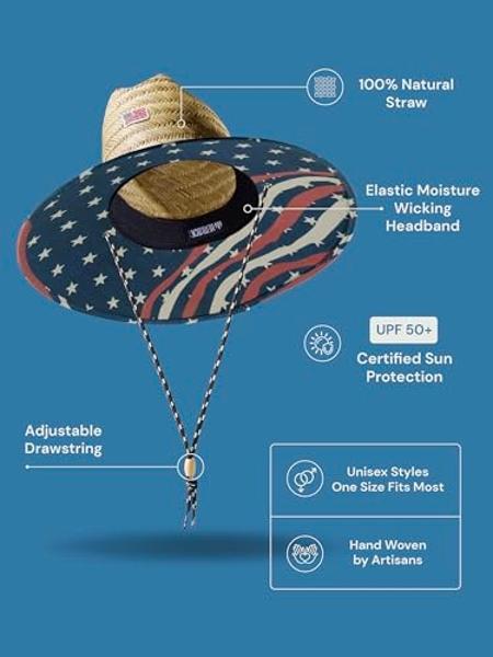 Straw Hat for Men & Women |Lifeguard Hat, Beach Hat & Sun Hat | Wide Brim for Sun Protection | One Size | Star & Stripes | Hemlock