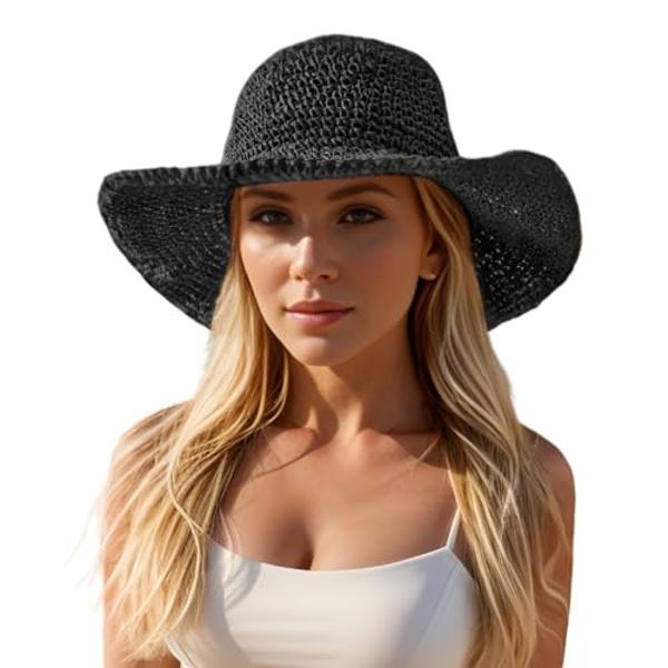 Womens Sun Hats Wide Brim Summer Beach Hat for Women Foldable Travel Fedora Handmade Crochet Straw Hat Packable UPF50+, Black
