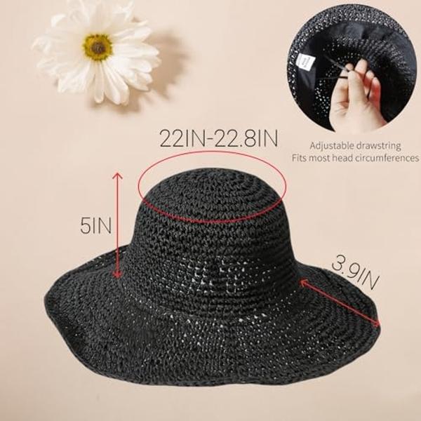 Womens Sun Hats Wide Brim Summer Beach Hat for Women Foldable Travel Fedora Handmade Crochet Straw Hat Packable UPF50+, Black