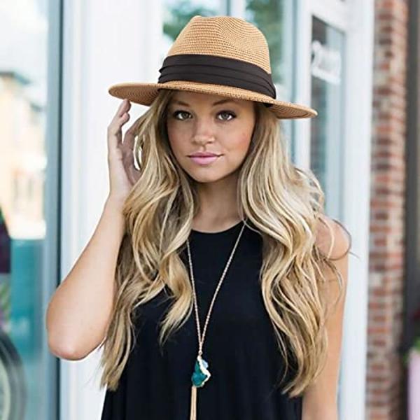 DRESHOW Women Panama Hat Fedora Beach Sun Wide Brim Straw Roll up Hat UPF 50+