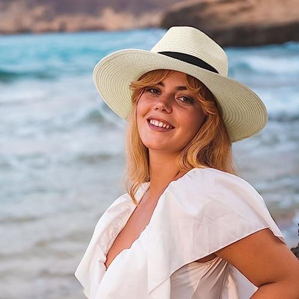 Womens Sun Hats Wide Brim Summer Beach Hat for Women Foldable Travel Fedora Handmade Crochet Straw Hat Packable UPF50+, Black