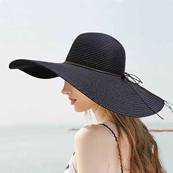 Floppy Big Beach Straw Hats for Women Foldable Summer Wide Brim Packable Oversized Sun Hat Womens Travel Straw Fedora Hat, Black-1