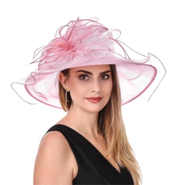SAFERIN Women's Sun Hat Church Cocktail Party Wedding Dress Organza Hat(Pink and Beige Two Tone)