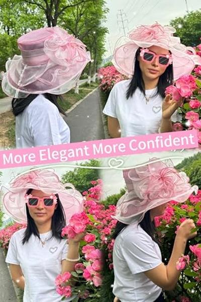 SAFERIN Women's Sun Hat Church Cocktail Party Wedding Dress Organza Hat(Pink and Beige Two Tone)