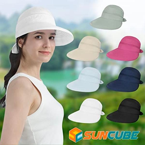 SUN CUBE Women Sun Hat for Outdoor UV Protection, Wide Brim Sun Hat Ponytail, Convertible Zip-Off Beach Hat Visor for Golf Gardening Pool Travel, Foldable Summer UPF50+ Visor Hat, 