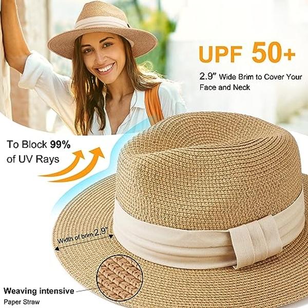 DRESHOW Women Belt Buckle Square Knot Hat Classic Travel Summer Wide Brim Felt Panama Hat UPF 50+ Straw Sun Hat