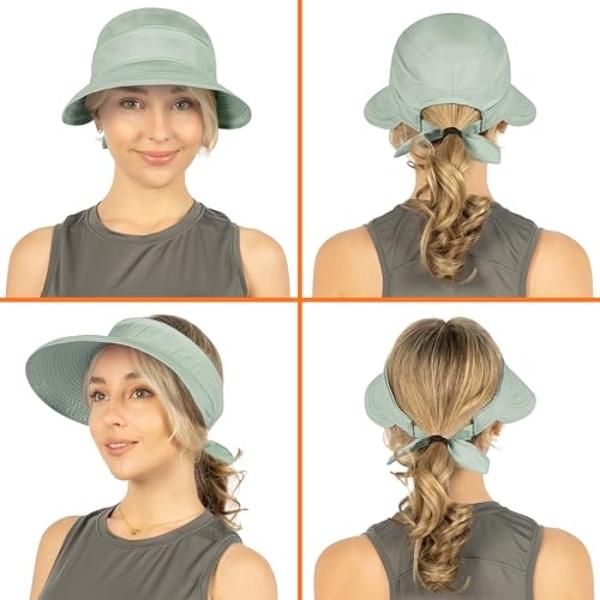 SUN CUBE Women Sun Hat for Outdoor UV Protection, Wide Brim Sun Hat Ponytail, Convertible Zip-Off Beach Hat Visor for Golf Gardening Pool Travel, Foldable Summer UPF50+ Visor Hat, 