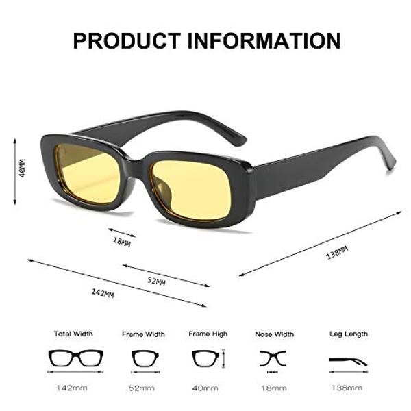 BUTABY Rectangle Sunglasses for Women Retro Driving Glasses 90’s Vintage Fashion Narrow Square Frame UV400 Protection Black Yellow