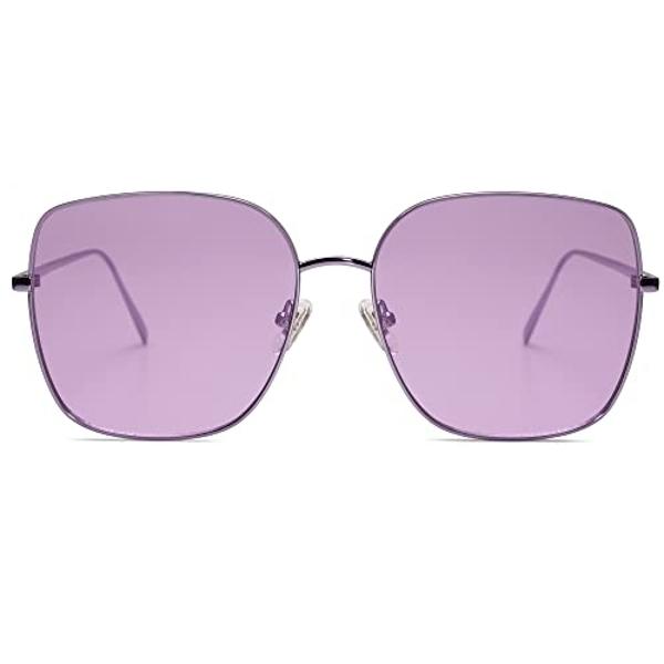 SOJOS Trendy Oversized Square Metal Frame Sunglasses for Women Men Retro Big Flat Lens UV Protection Sunglasses SJ1146, Purple Frame/Purple Lens