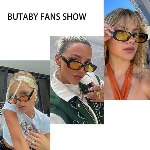 BUTABY Rectangle Sunglasses for Women Retro Driving Glasses 90’s Vintage Fashion Narrow Square Frame UV400 Protection Black Yellow