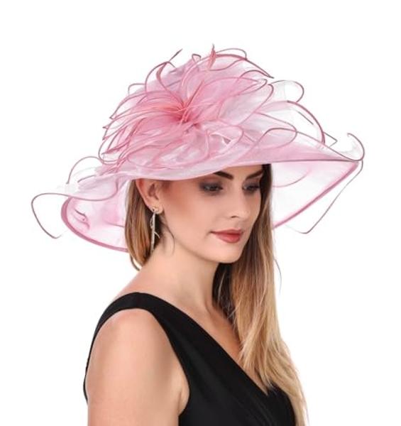SAFERIN Women's Sun Hat Church Cocktail Party Wedding Dress Organza Hat(Pink and Beige Two Tone)