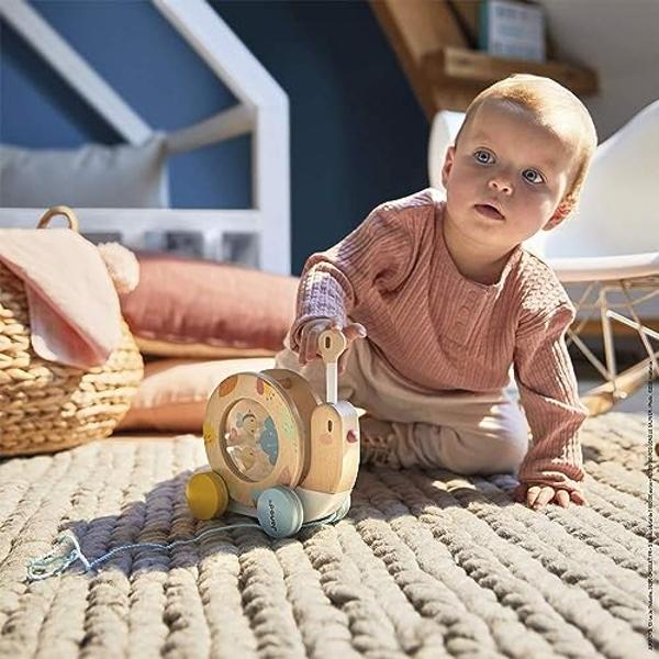Janod Pure Pull Along Snail - Wooden 2-in1 Musical Toy - Ages 1+ - J05159