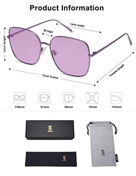SOJOS Trendy Oversized Square Metal Frame Sunglasses for Women Men Retro Big Flat Lens UV Protection Sunglasses SJ1146, Purple Frame/Purple Lens