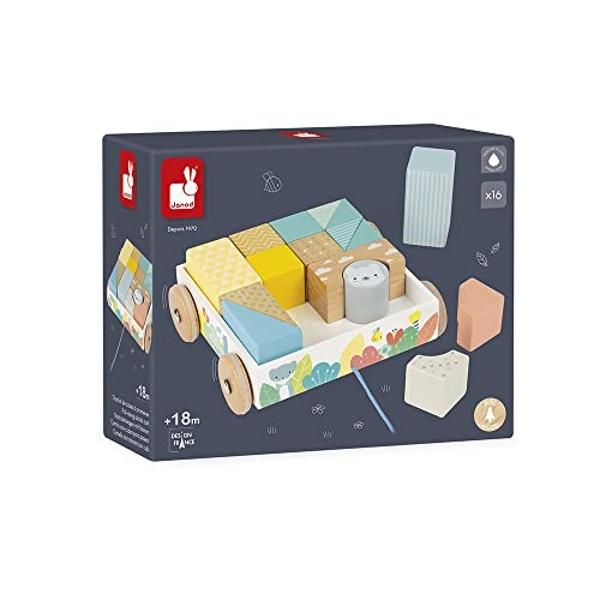 Janod Pure Pull-Along 16 pc Wood Pastel Block Set - Ages 18+ Months - J05152