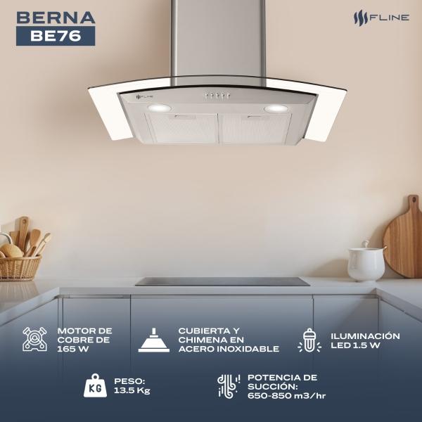 Campana extractora de cocina 76 cm de pared vidrio curvo Acero Inoxidable | 3 velocidades y control de boton| Berna 76| FLINE