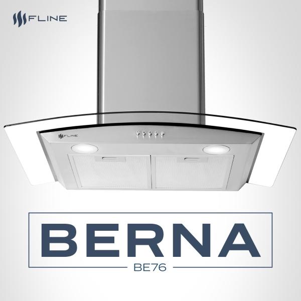 Campana extractora de cocina 76 cm de pared vidrio curvo Acero Inoxidable | 3 velocidades y control de boton| Berna 76| FLINE